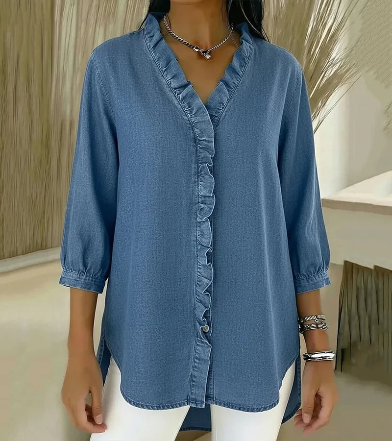 MOMU™ | Flowing denim blouse with V-neck and ruffles