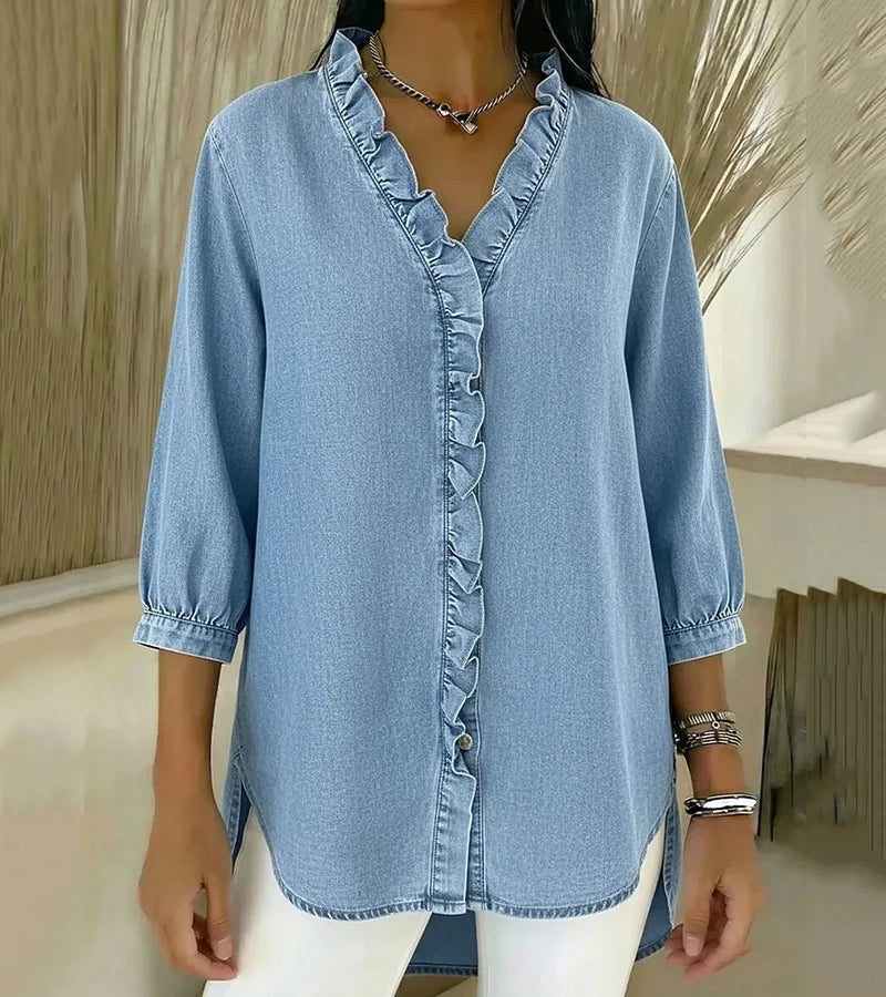 MOMU™ | Flowing denim blouse with V-neck and ruffles