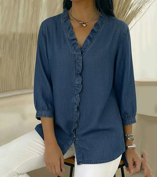 MOMU™ | Flowing denim blouse with V-neck and ruffles