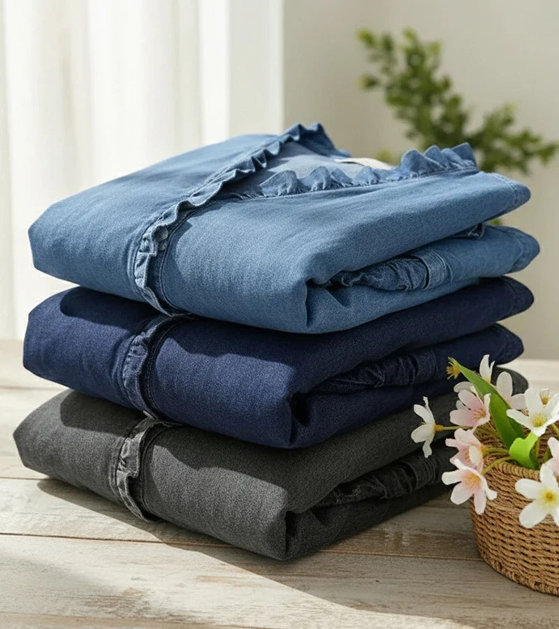 MOMU™ | Flowing denim blouse with V-neck and ruffles