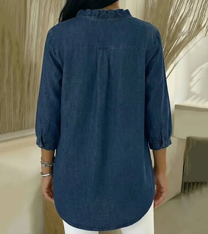 MOMU™ | Flowing denim blouse with V-neck and ruffles