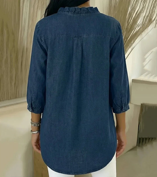 MOMU™ | Flowing denim blouse with V-neck and ruffles
